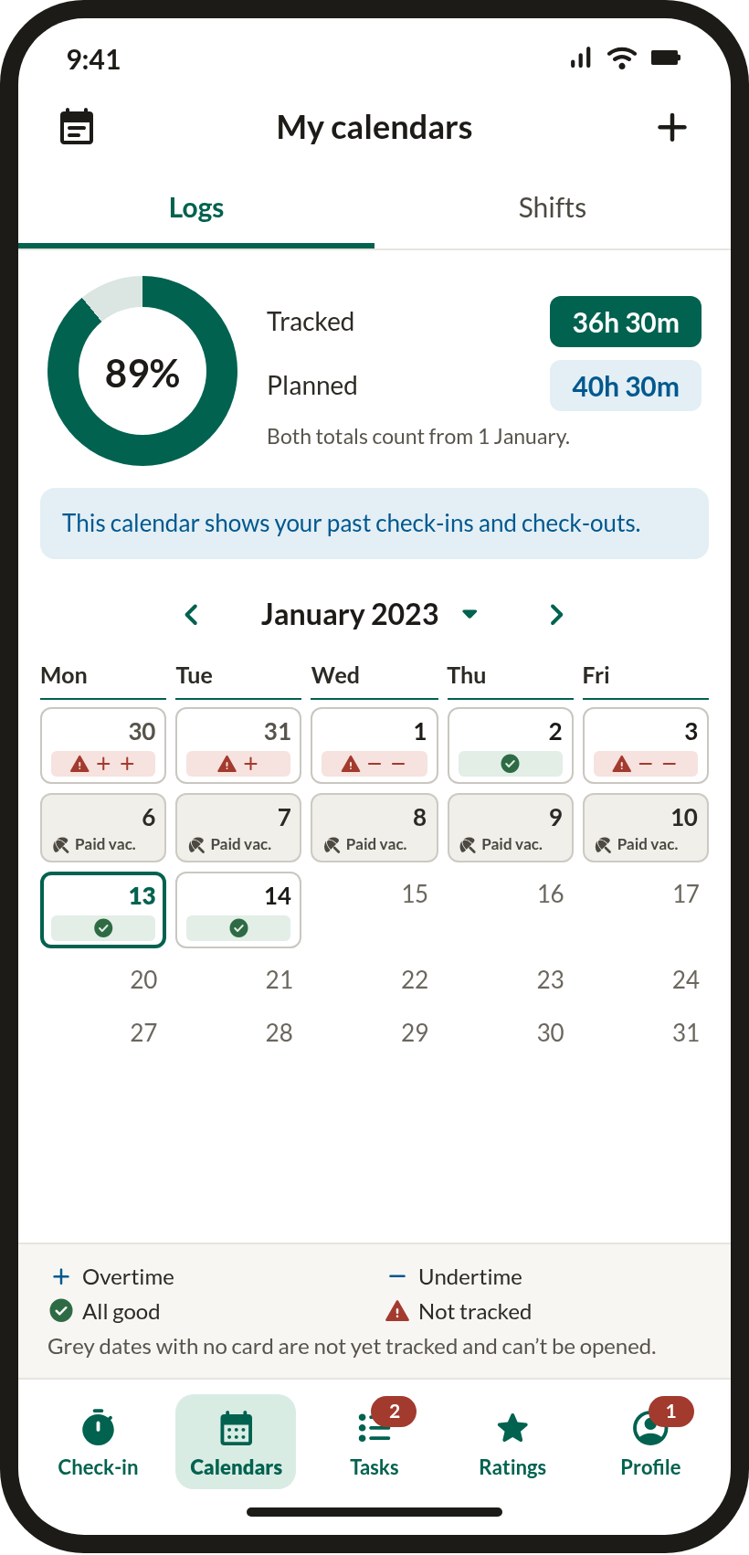 Calendar after — untracked dates styled as inert, numeric badges on the tab bar