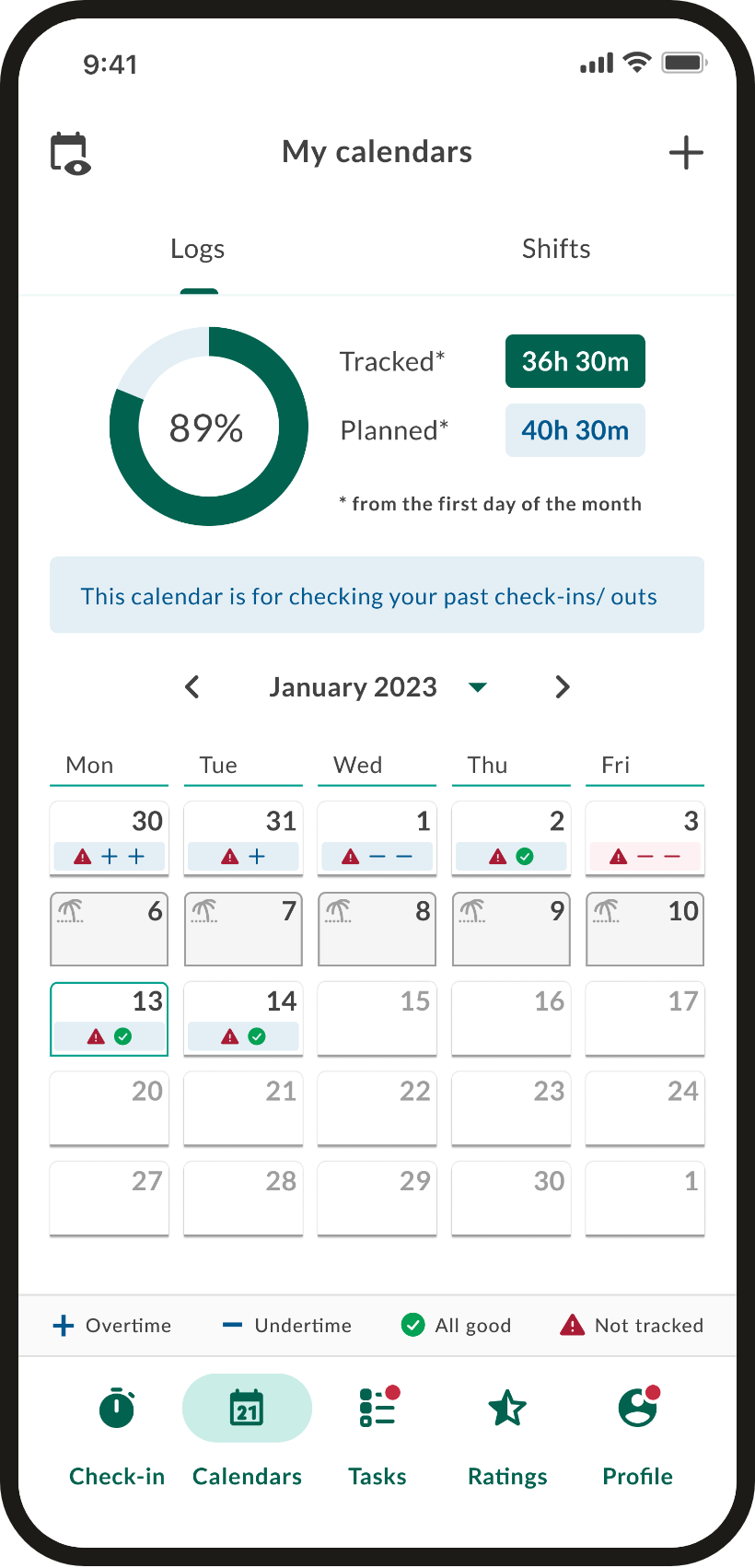 Calendar, first pass — pale untracked dates that still look tappable, colour-only notification dots