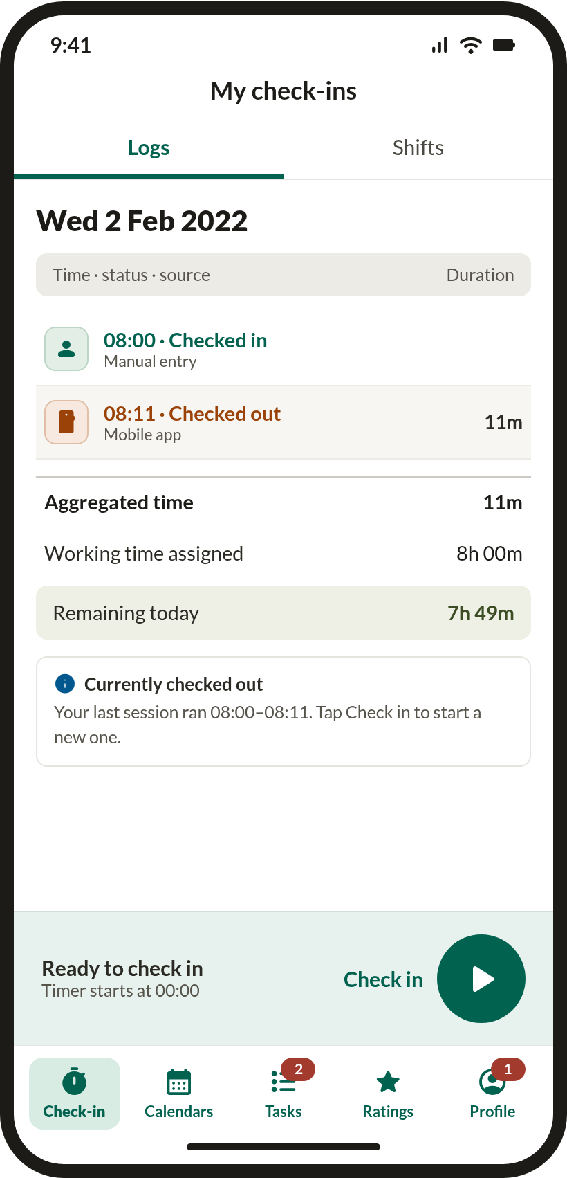 Check-in after — Remaining today 7h 49m, labelled check-in button, status explained in text