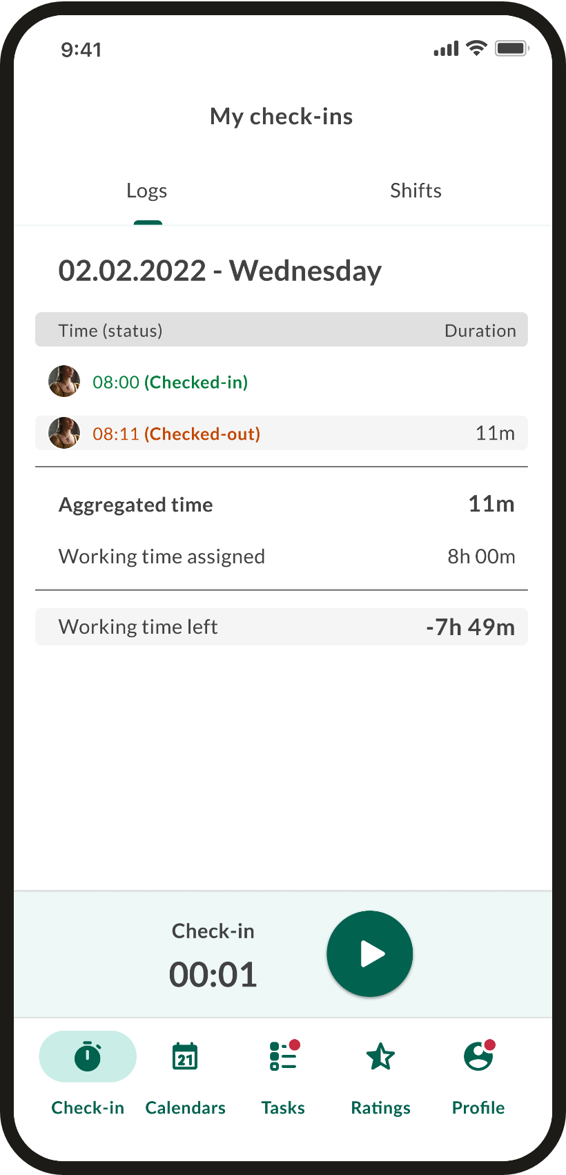 Check-in, first pass — Working time left minus 7h 59m, icon-only play button