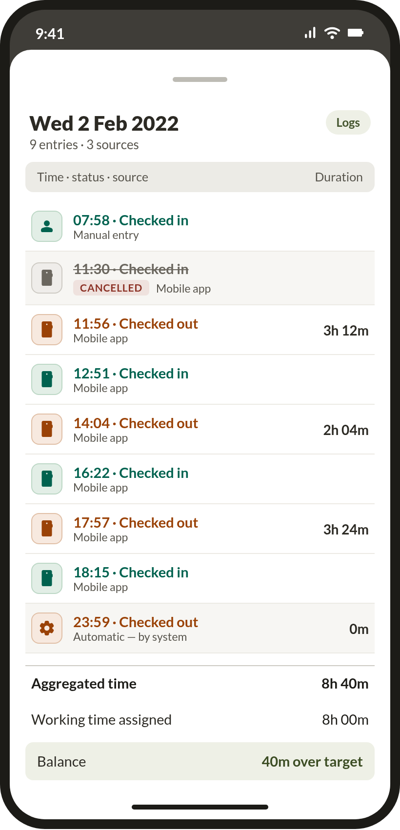 Day logs after — each row names its source in text and cancelled entries carry a Cancelled tag