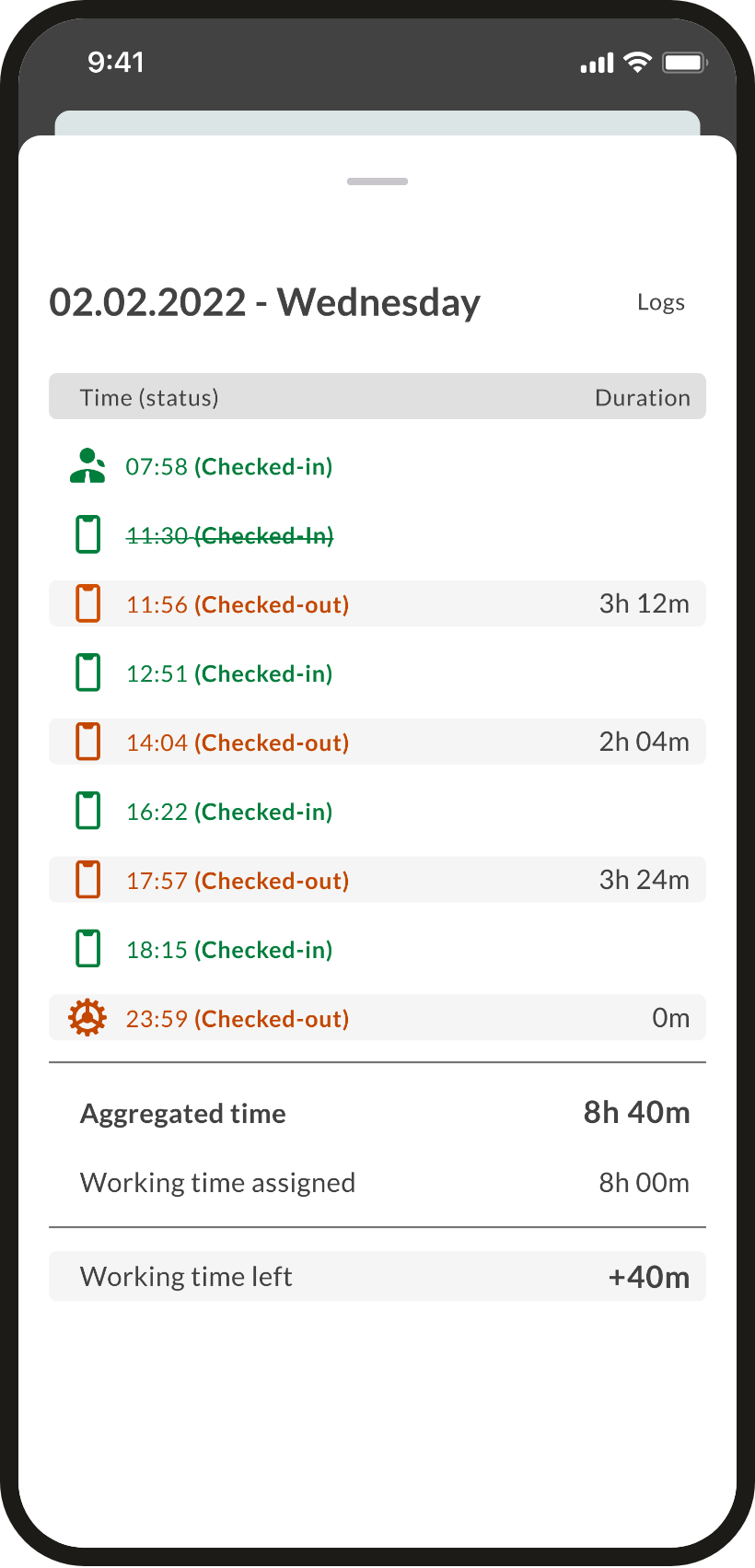Day logs, first pass — source shown only by icon, cancelled entry shown only by strikethrough