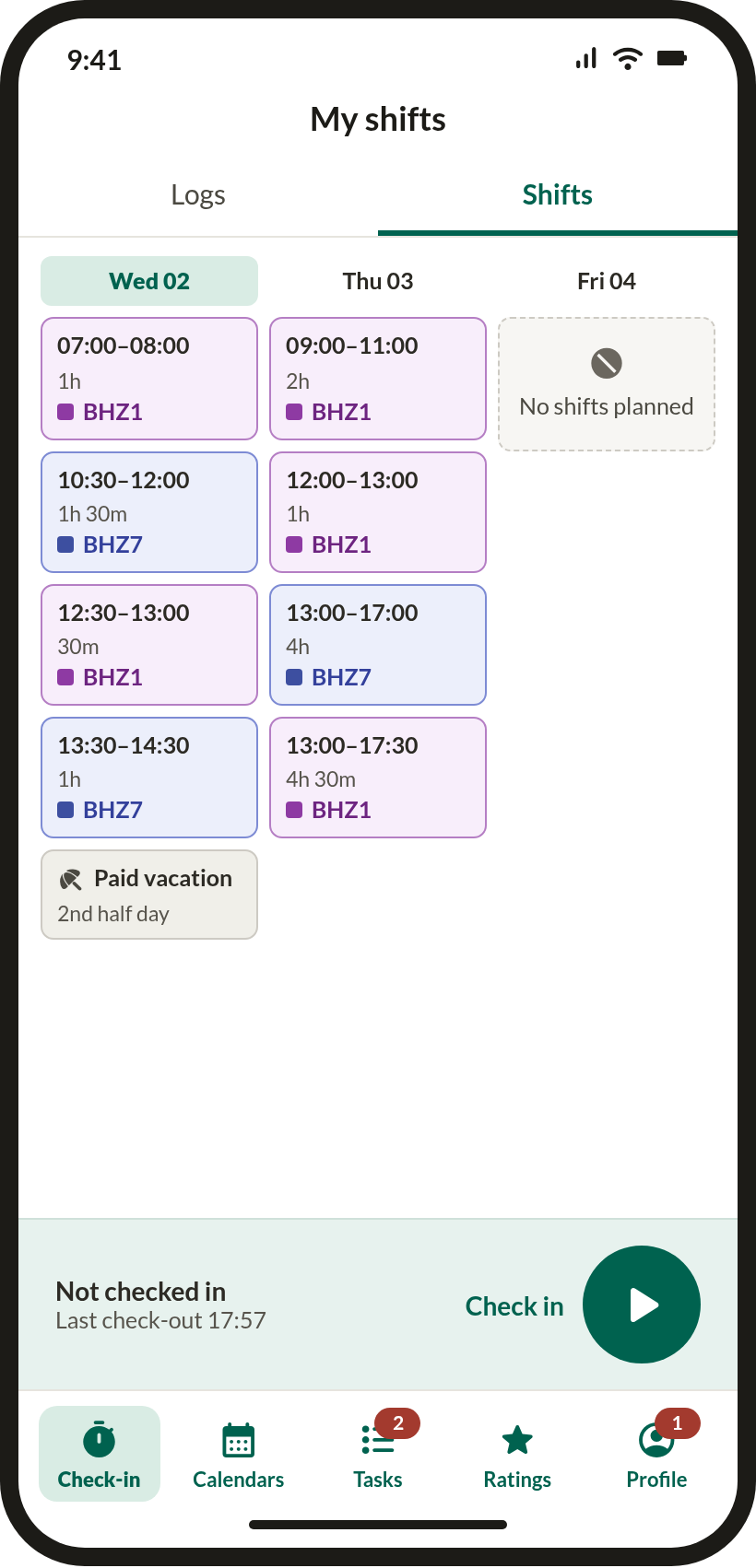 Shifts after — time, duration and site stacked on separate lines