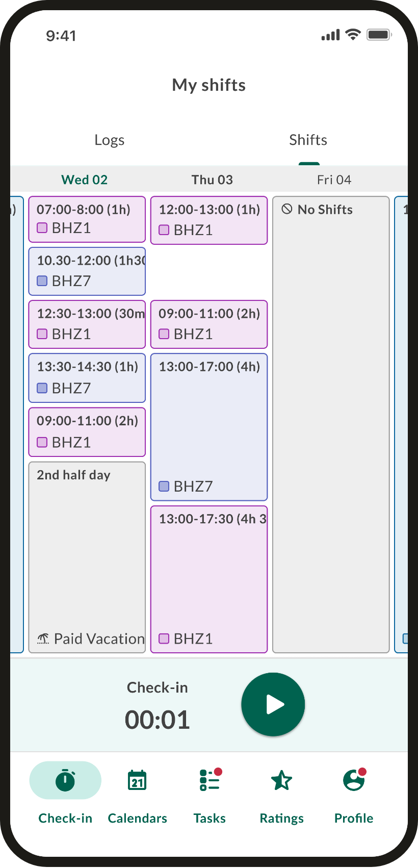 Shifts, first pass — shift times clipped mid-label at default text size