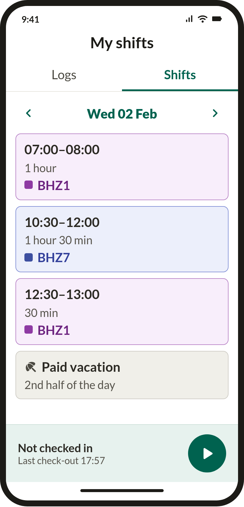 Shifts after at 200% Dynamic Type — week collapses to a single day column with paging