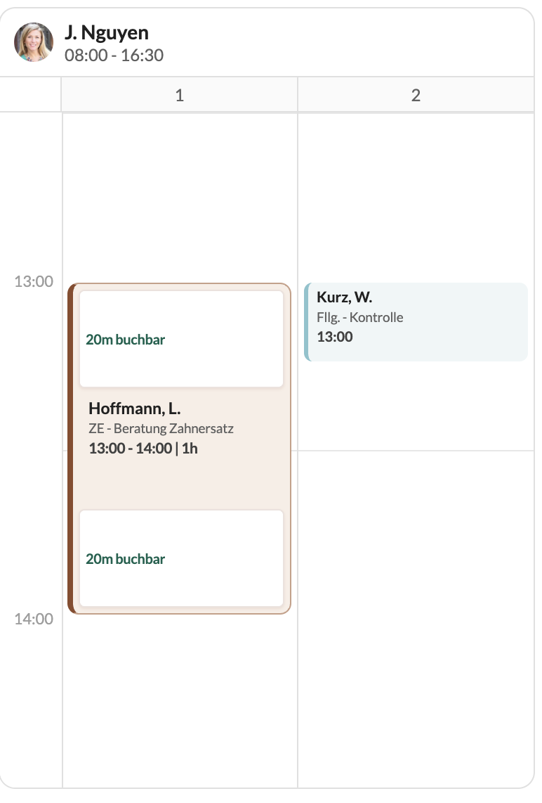 Final design: long appointment with inset white windows and a parallel booking in a second column