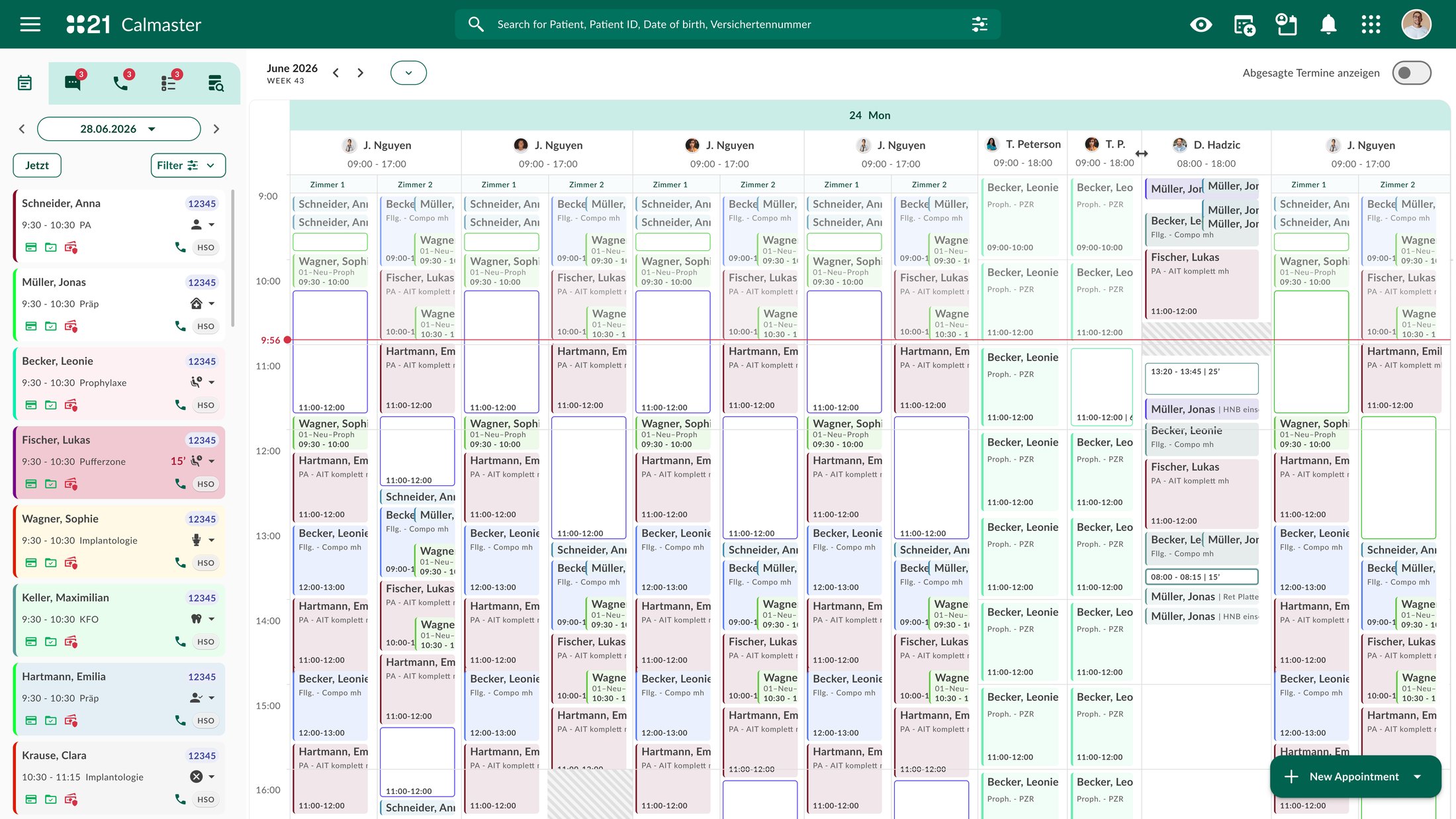 The redesigned calendar: each practitioner with two columns, long appointments showing white bookable windows, a parallel booking beside them