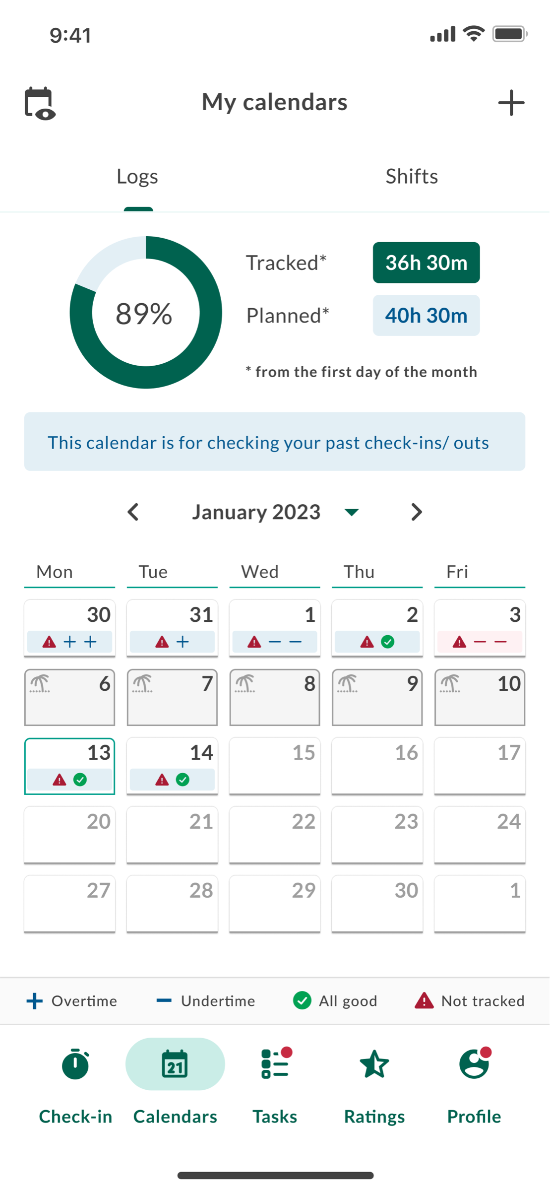 My calendars — tracked vs. planned hours