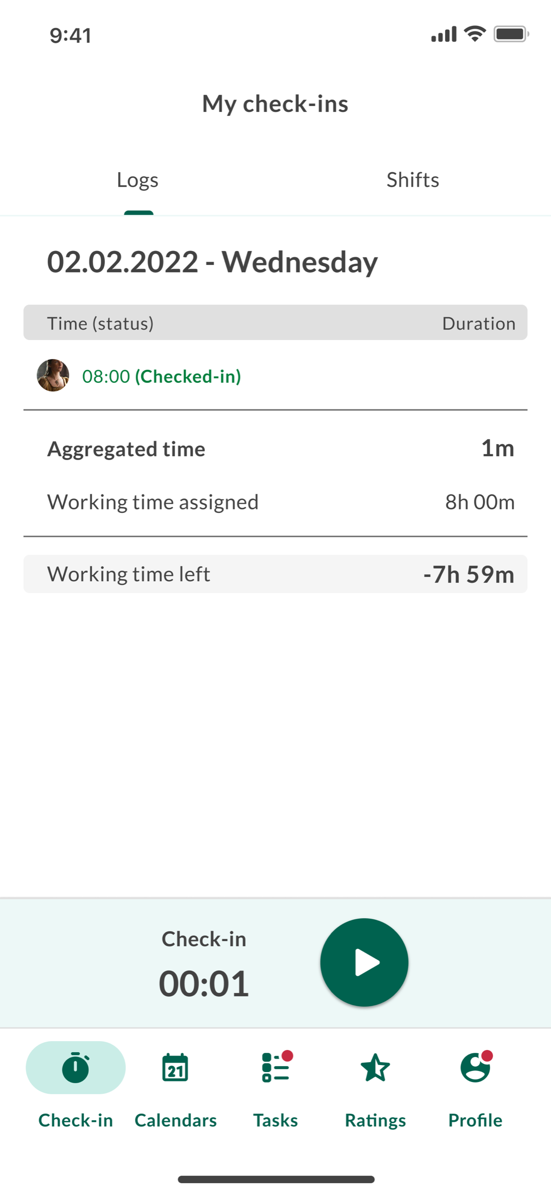 Check-in — daily working time, status, timer