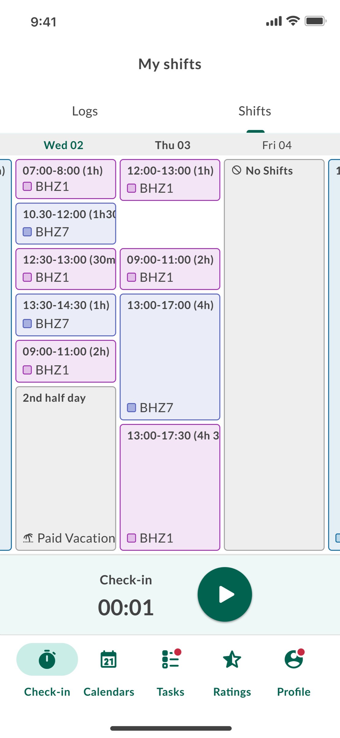 My shifts — weekly schedule with shift codes
