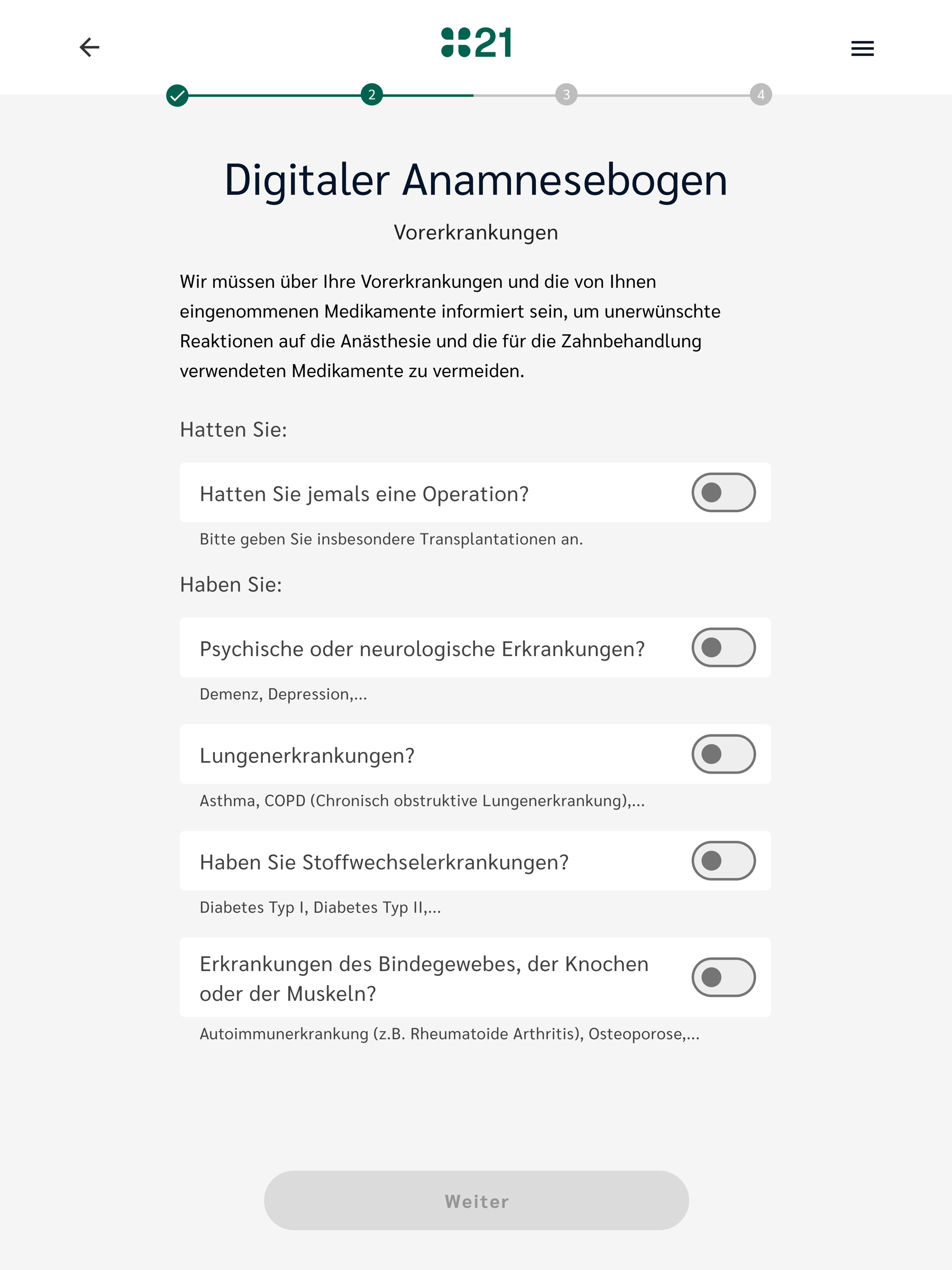 iPad — Vorerkrankungen toggle list