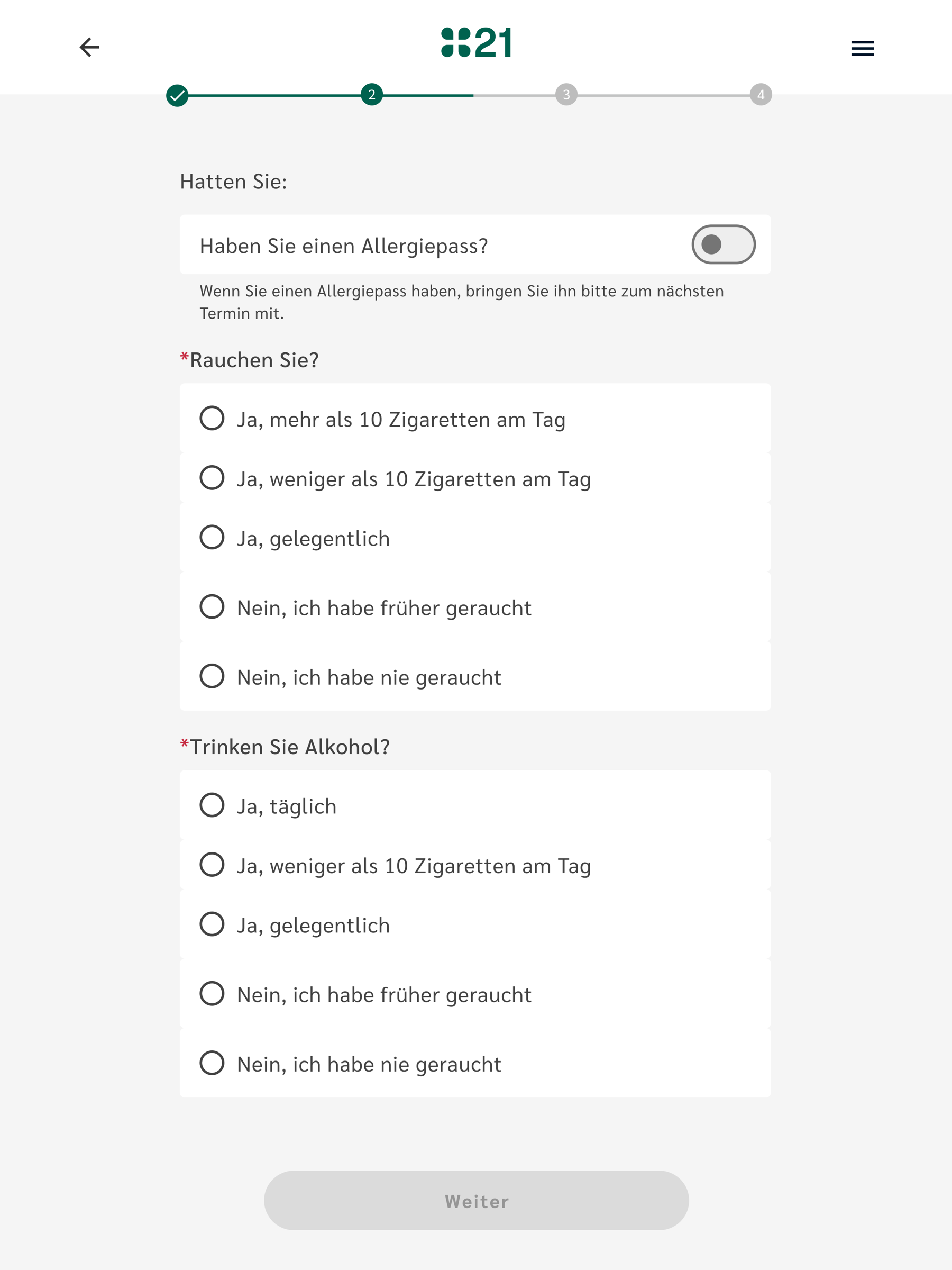 iPad — Rauchen / Trinken section with radio options