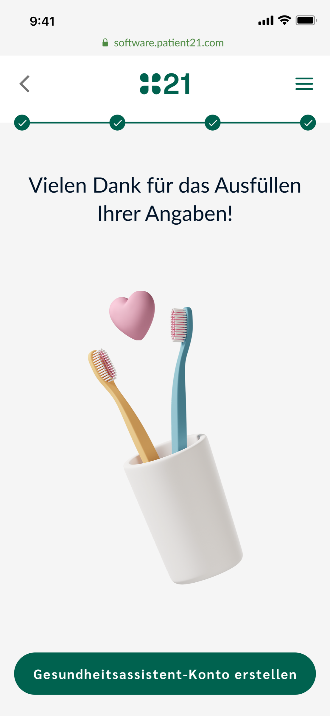 Thank-you screen — flow complete, optional account creation