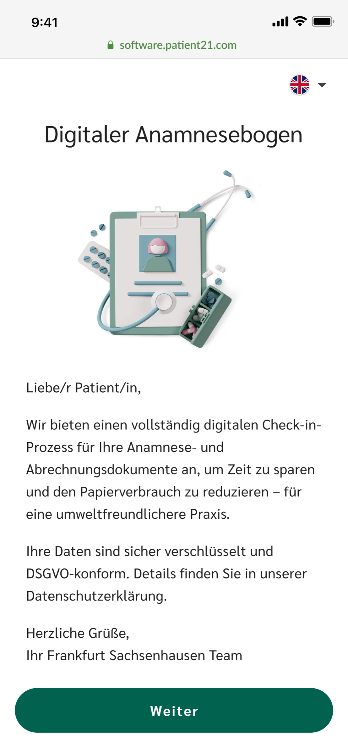 Digital anamnesis welcome screen on mobile