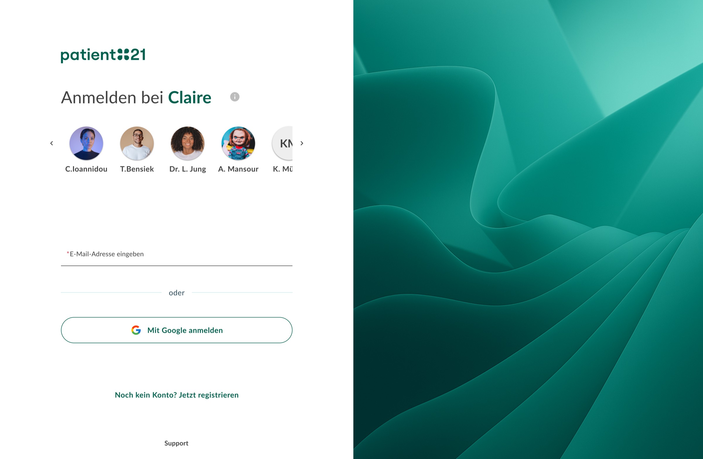 Login — email entry with avatar selector