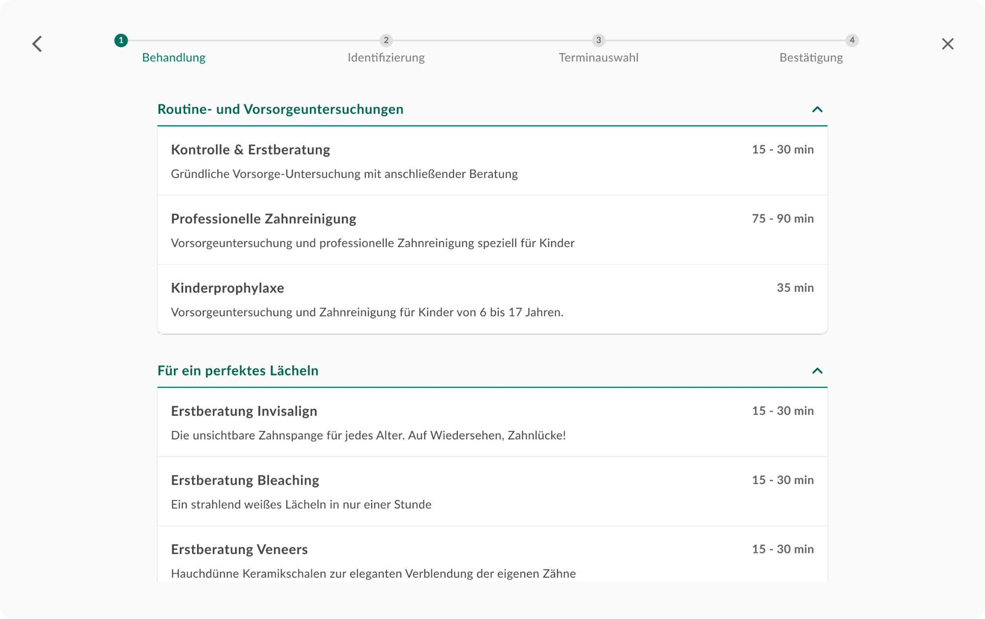 Treatment selection on desktop — the first screen of the booking flow