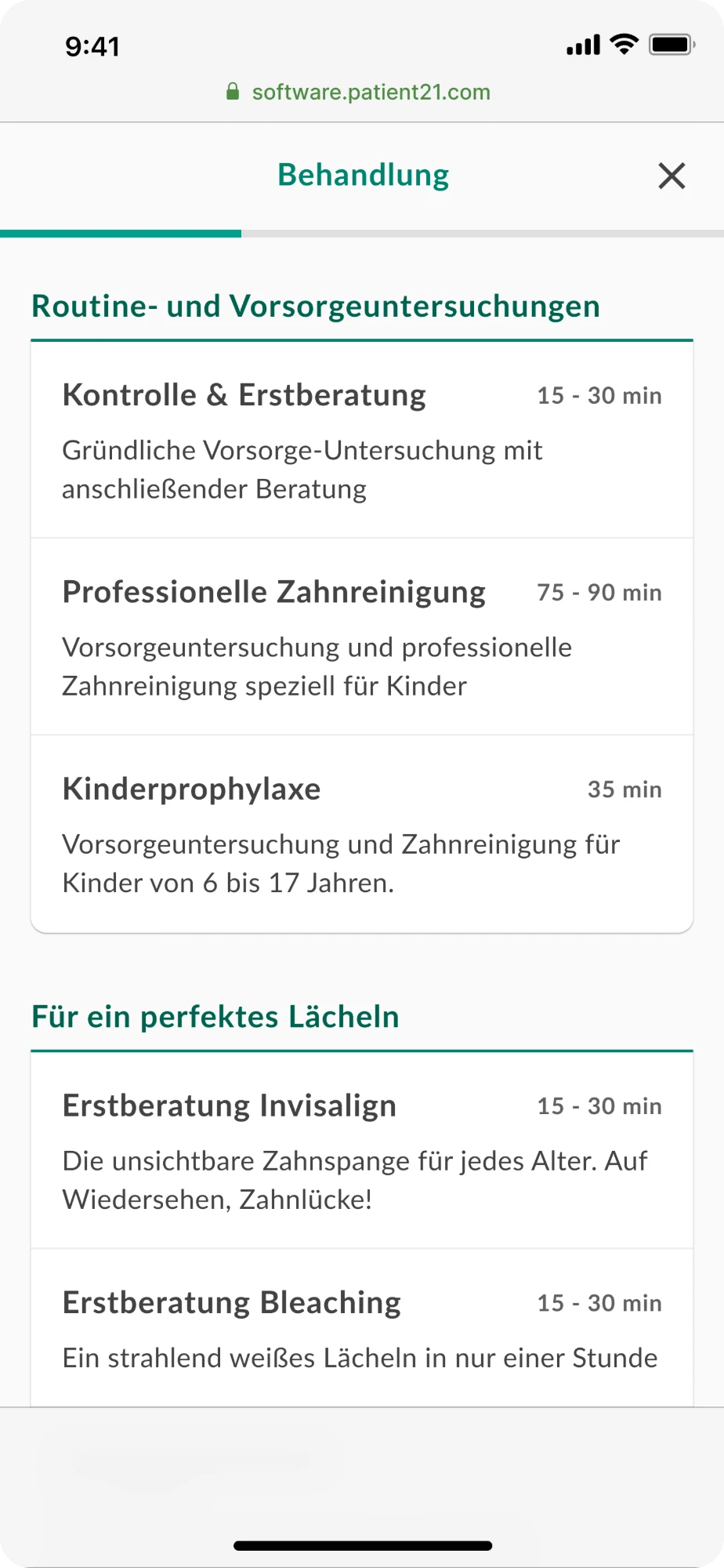 Treatment selection on mobile — the first screen of the booking flow