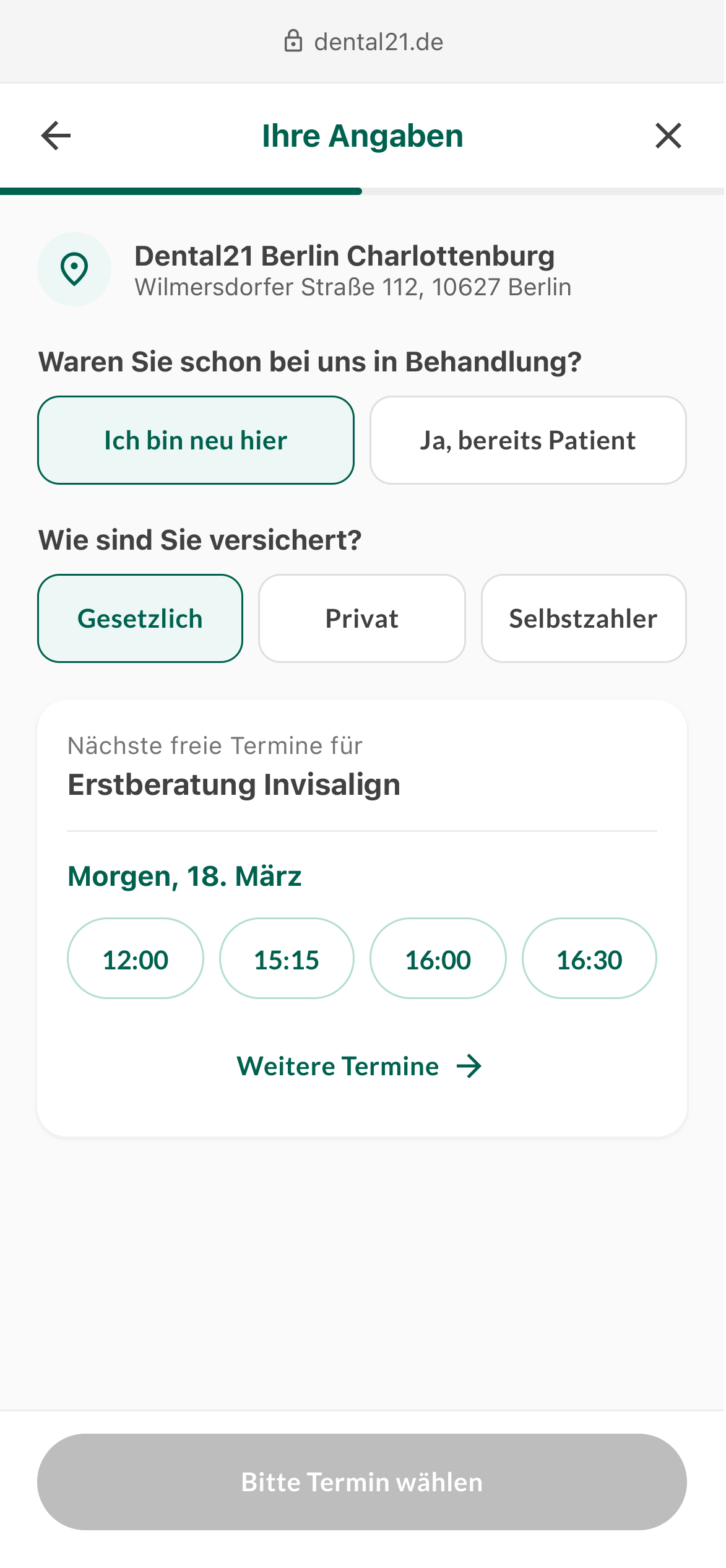 Proposed: Ihre Angaben — location, patient status and insurance on one screen, with real appointment times already visible