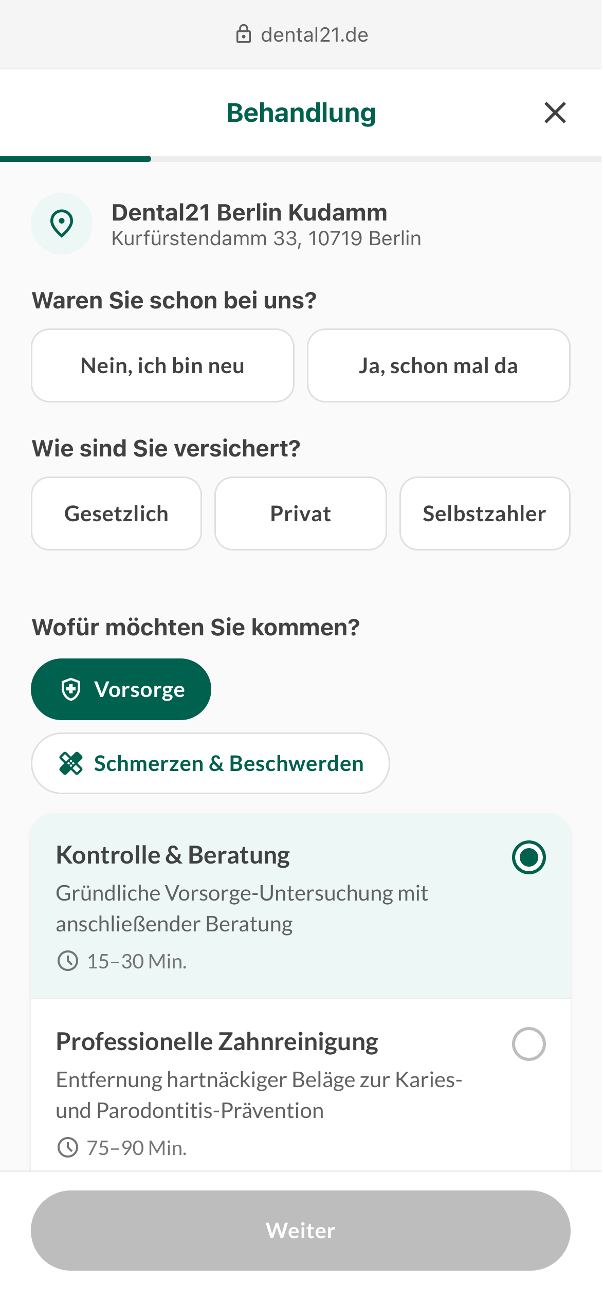 Proposed: Behandlung — treatment chosen by reason first, with durations on every row