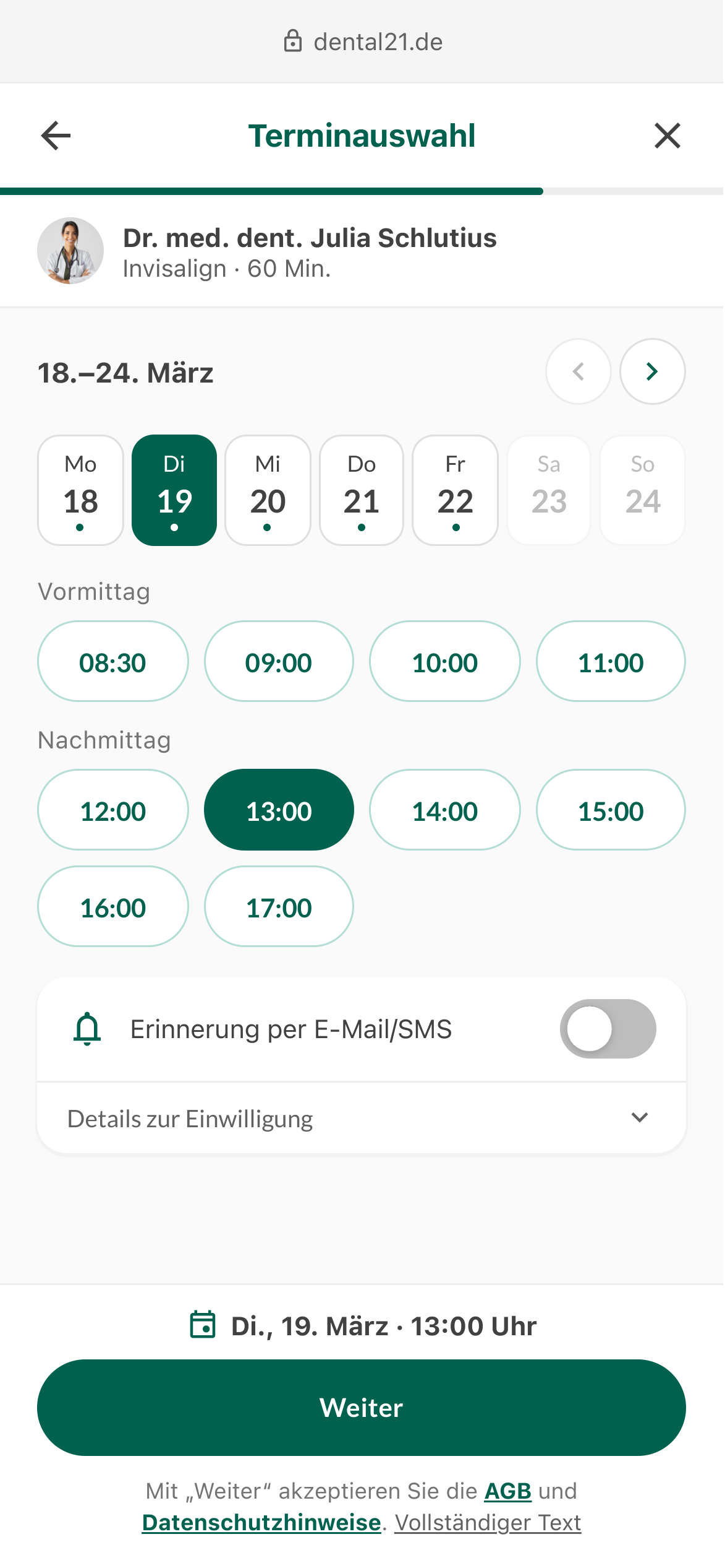 Proposed: Terminauswahl — a full week split into morning and afternoon, with reminder opt-in and consent in place