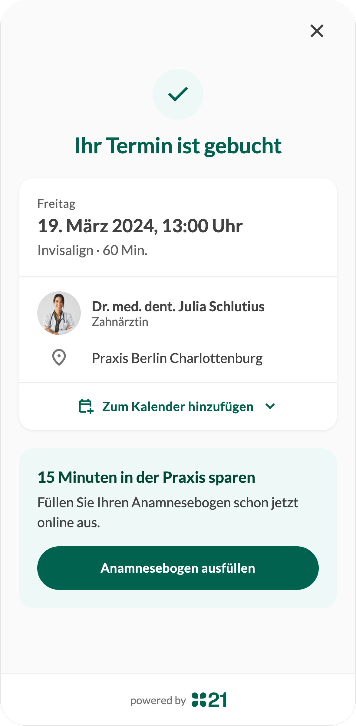 Booking confirmation — appointment details, calendar add, and the anamnesis hand-off