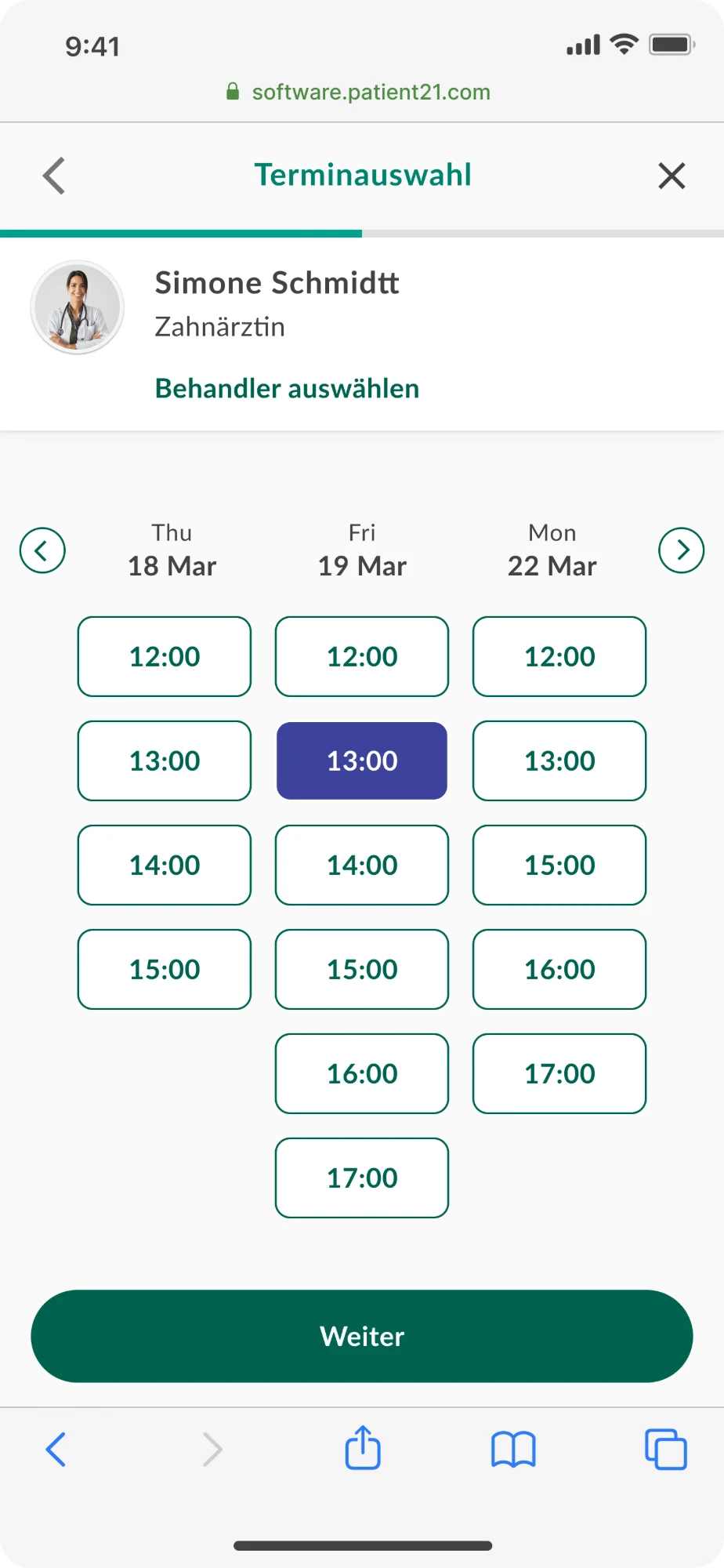 Slot selection — three-day view with time slots