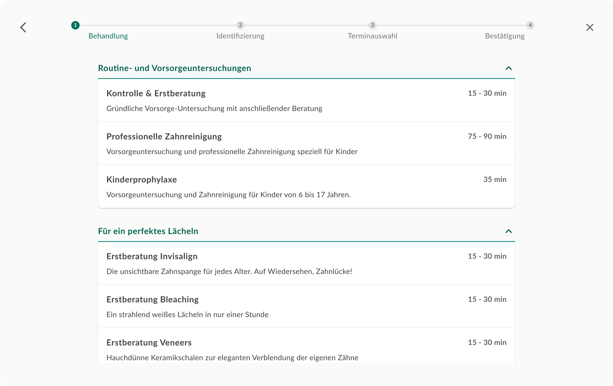 Treatment selection — desktop list with grouped categories