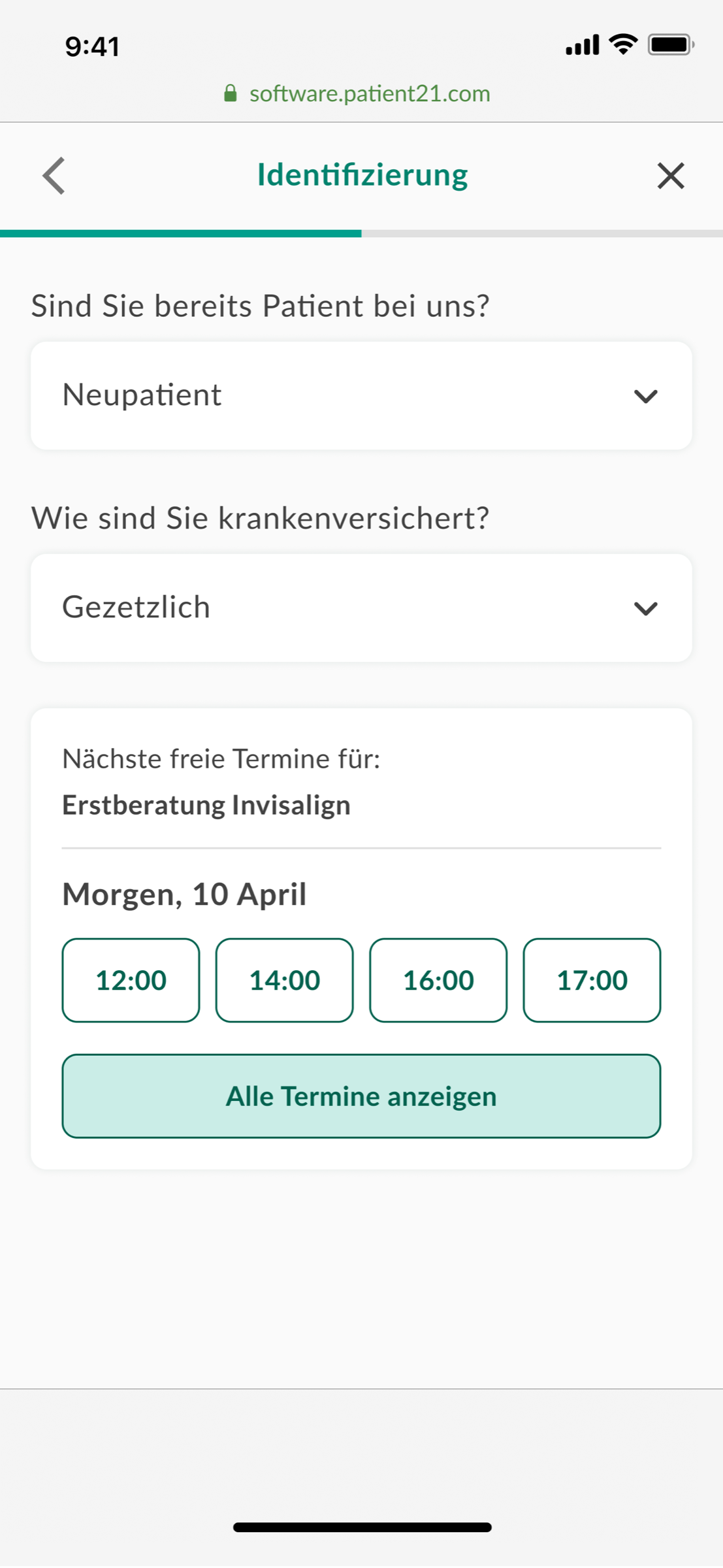 Identifizierung step — patient type, insurance, next available times