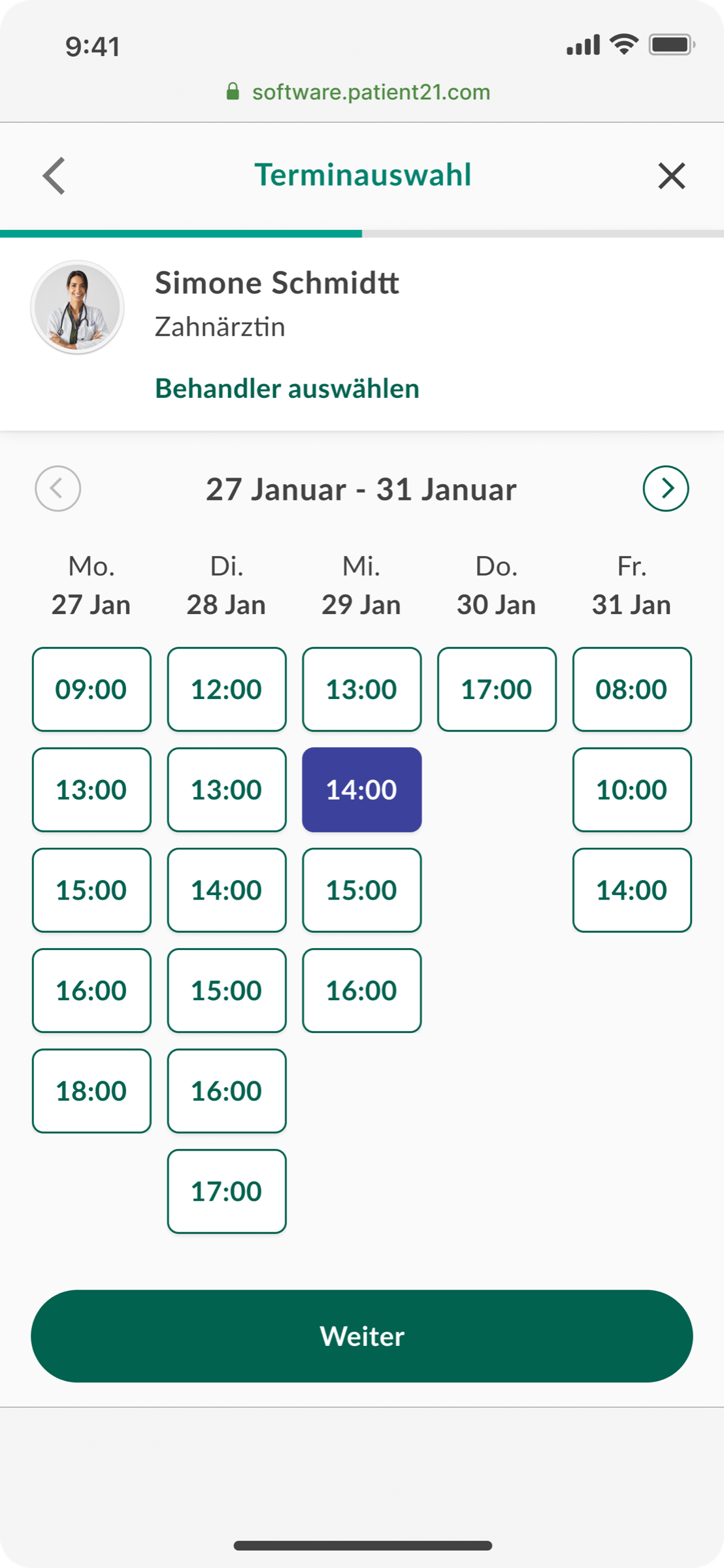 Calendar week view with selected practitioner