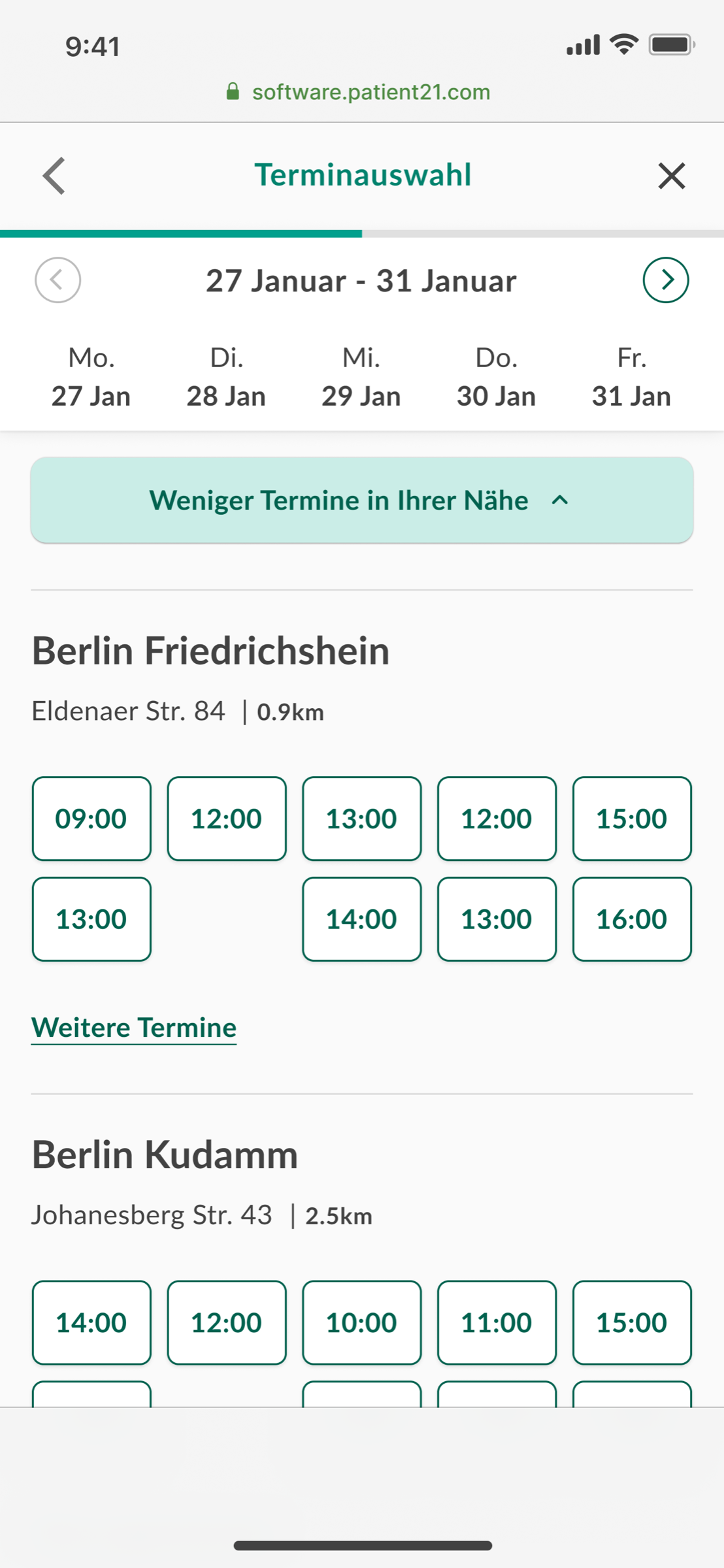Nearby clinics with available slots
