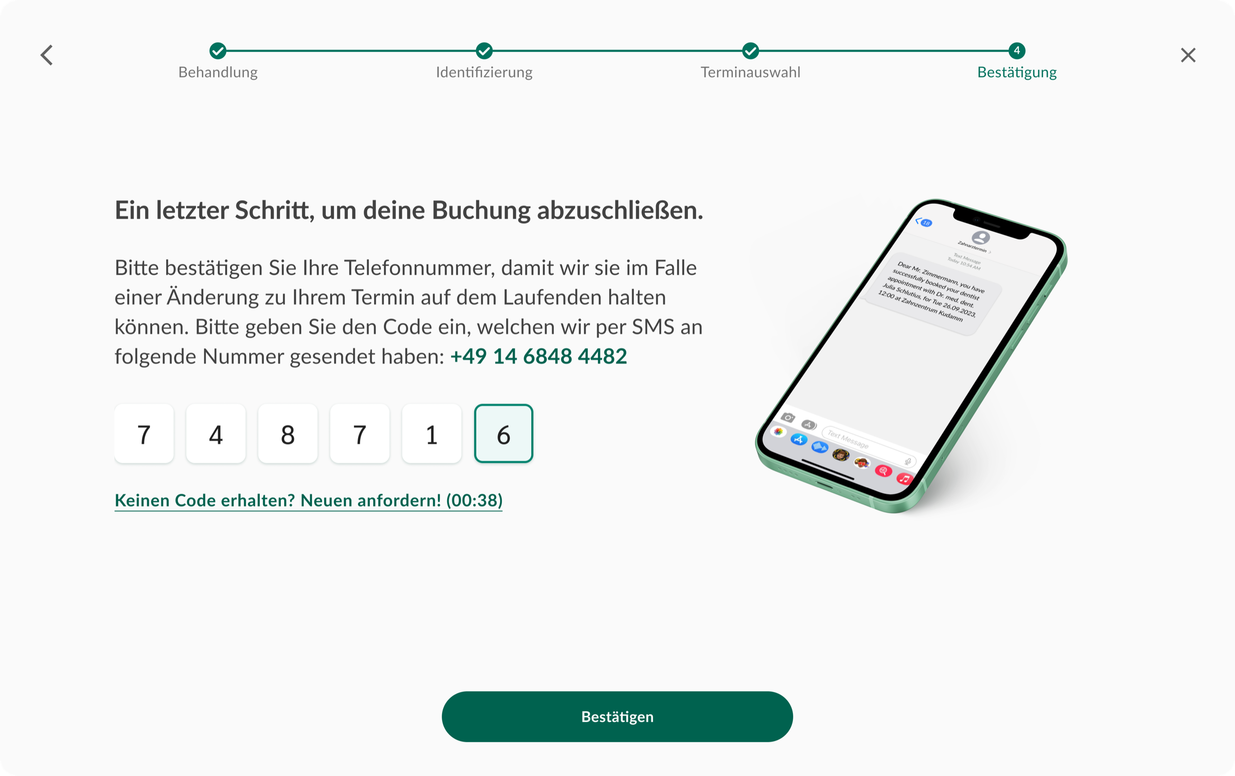 Bestätigung — phone verification step on desktop