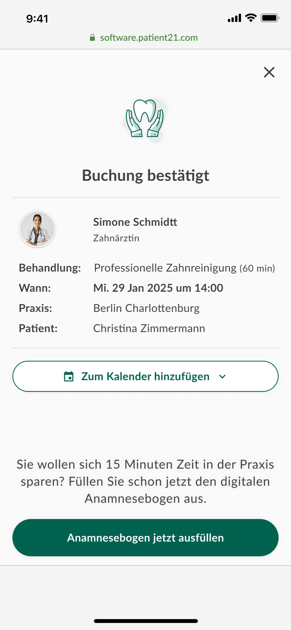 Buchung bestätigt — confirmation with anamnesis hand-off