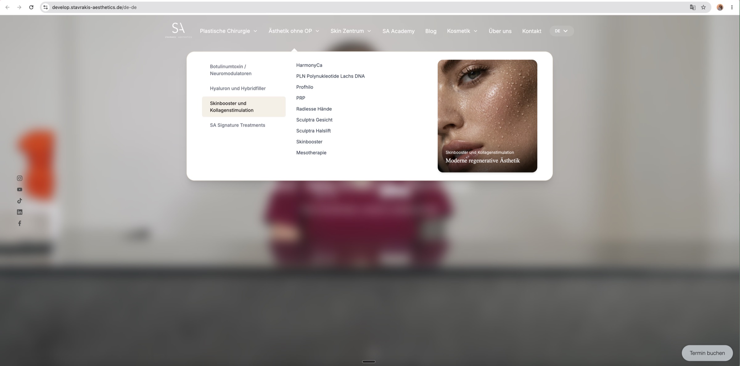 New mega-menu — Ästhetik ohne OP, Skinbooster open, every treatment visible in plain language