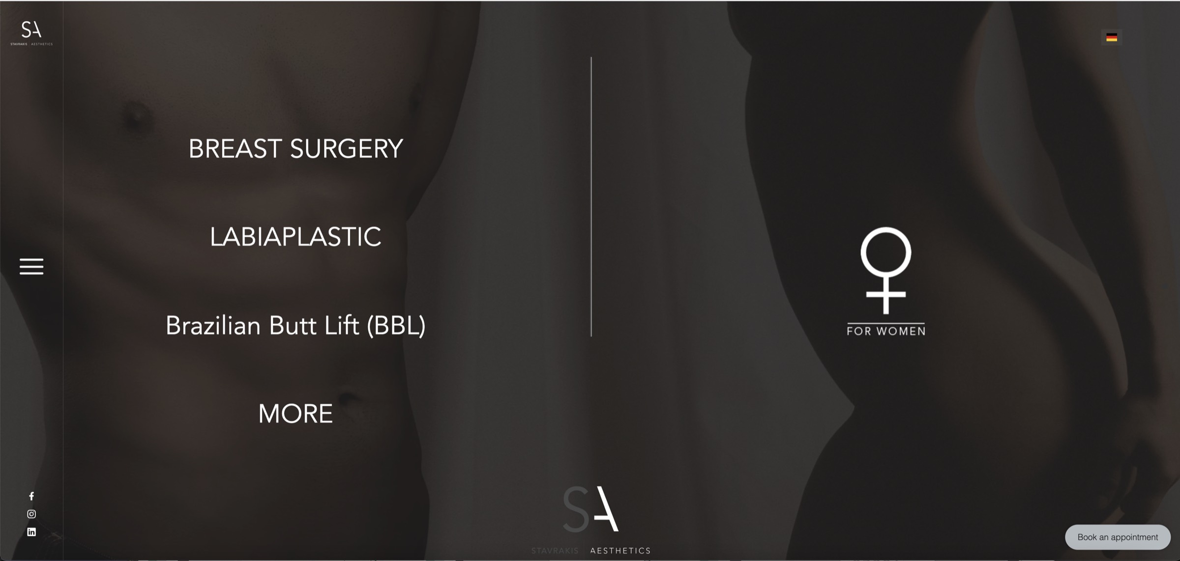 Old navigation — expanded menu with gendered split, treatment names hidden behind clicks