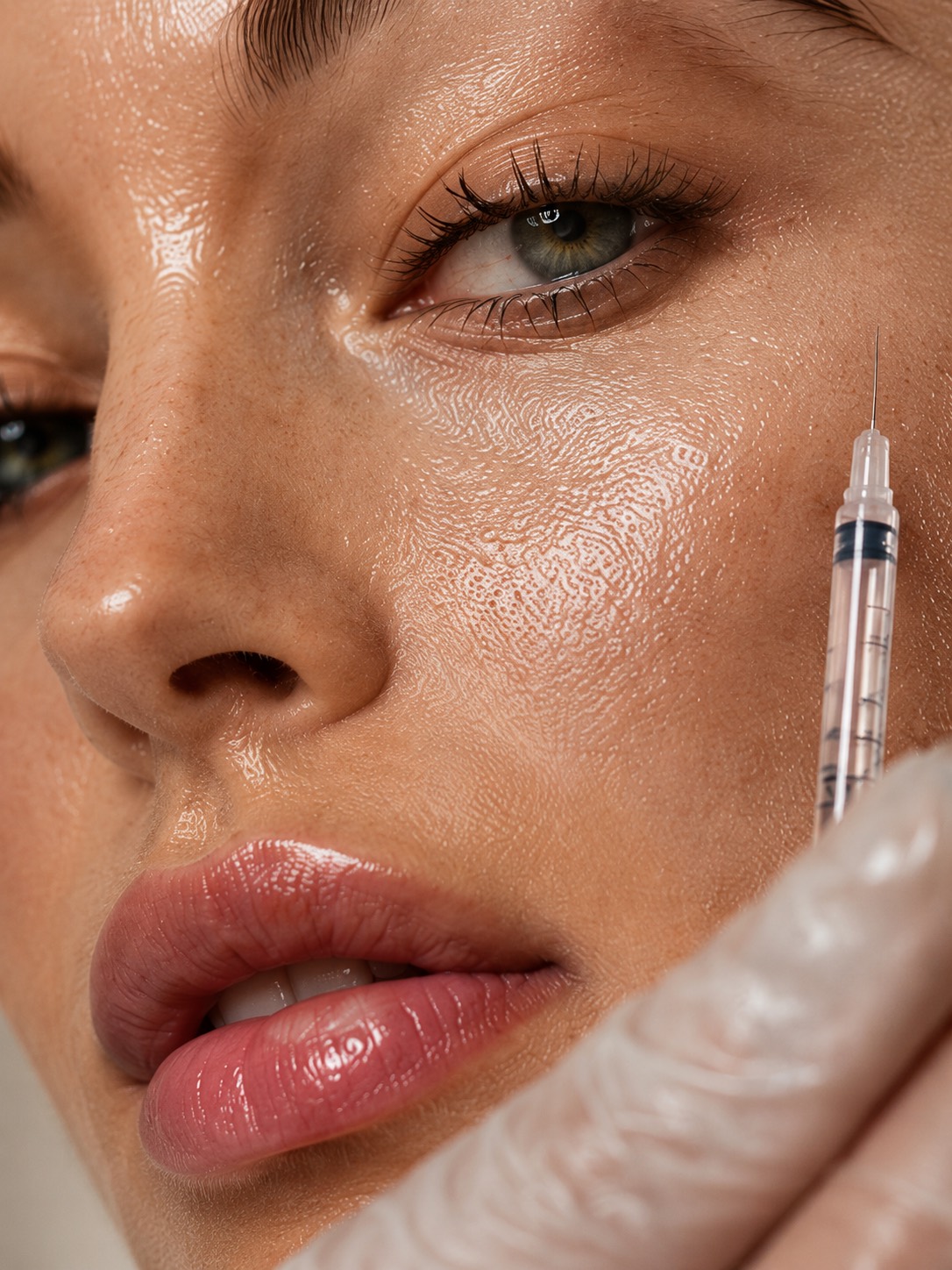 Botulinumtoxin — close portrait with gloved hand and syringe